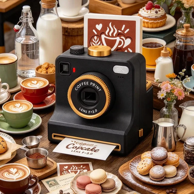 Aparat do latte art Hello Late w kawiarnianej aranżacji z cappuccino i ciastkami