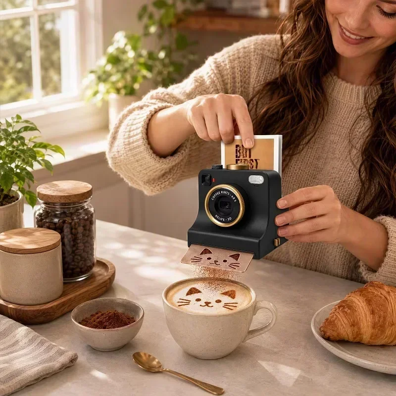 Naciśnięcie przycisku aparatu Hello Late nad filiżanką cappuccino